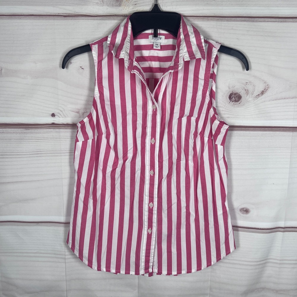 J.Crew Sleeveless Top Womens XS Pink Striped Button Down Stretch Cotton Blouse